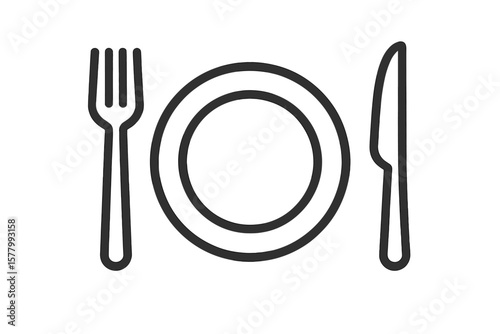 Minimalist Table Setting Icon. Plate, Fork, Knife. Modern Line Art. Restaurant Menu Symbol. Food Service. Kitchen Utensil Outline. Dining Etiquette. Vector Isolated Illustration.