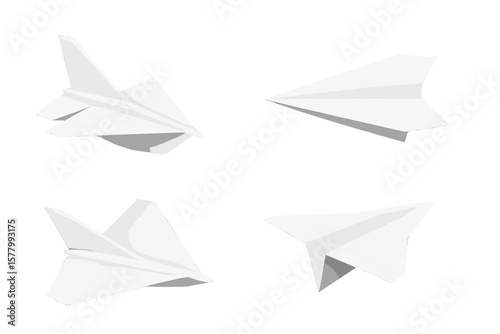 Realistic 3D White Paper Plane Model Set, Origami Airplane Vector Illustration, Minimalist Flying Paper Craft Design, Paper Airplane Concept Art, Paper Flight