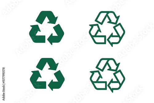 Green Recycling Symbols Set. Eco-Friendly Arrow Icons Collection. Environmental Sustainability, Waste Management, Recyclable Materials, Circular Economy, Vector Illustration