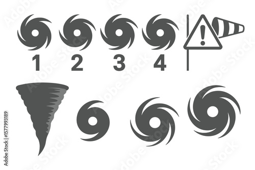 Hurricane Category Scale Vector Set, Tornado Funnel Icon, Typhoon Vortex Symbols, Wind Storm Warning Sign, Cyclone Intensity Levels, Meteorological Disaster Elements Collection