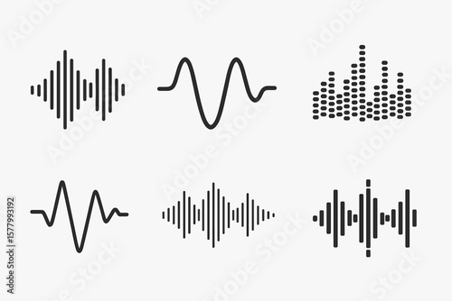 Audio Waveform Icon Set, Sound Wave Symbols, Digital and Analog Signal Lines, Music Equalizer, Voice Recording Elements, Electronic Frequency Spectrum, Transparent Vector Illustration