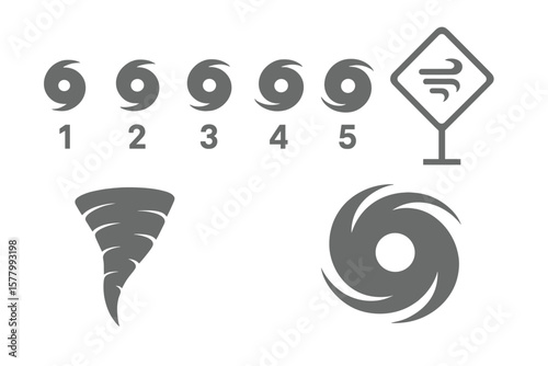 Hurricane Category Scale Icons, Tornado Funnel Symbol, Typhoon Vortex Set, Wind Storm Warning Sign, Cyclone Weather Disaster Vector Collection, Isolated Meteorology Elements
