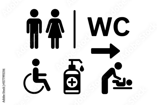 Modern Restroom Icons Collection: Male Female Toilet Signs, Wheelchair Accessible, Hand Sanitizer, WC Direction, Baby Changing Room, Public Bathroom Vector Set