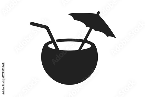 Tropical coconut drink silhouette. Summer vacation cocktail with umbrella and straw. Beach refreshment icon. Exotic holiday beverage, coco water symbol. Aloha party element.