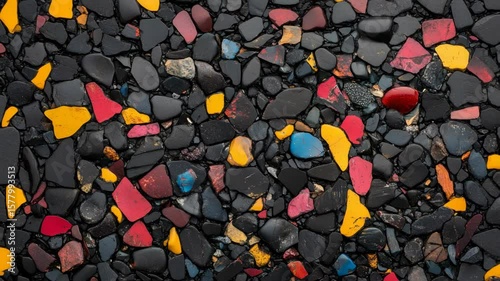 Assorted colorful pebbles and black stones on wet asphalt, natural style, top view. Concept of texture, contrast, and vibrant earth tones