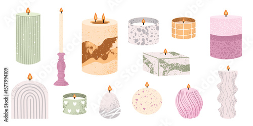 Scented candles set. Cozy home decor collection with wax candles in pastel colors. Aromatherapy concept. Modern hygge style. Flat vector illustration isolated on white background.