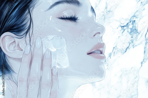 Serene woman applying facial cream, eyes closed, enjoying skincare routine.