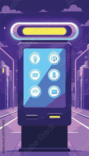 Flat vector illustration of a futuristic bus ticket machine displaying animated icons on a touch screen in a minimalistic purple and lime cityscape, concept of urban transportation.