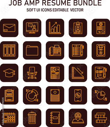Detailed soft ui icons set illustrating job application resume processes and office administration tasks