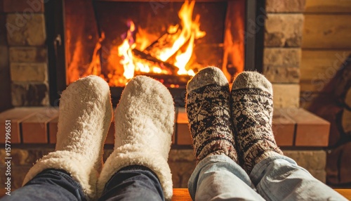 Couple Relaxing with Feet Up in Front of Burning Stone Fireplace in Wintertime