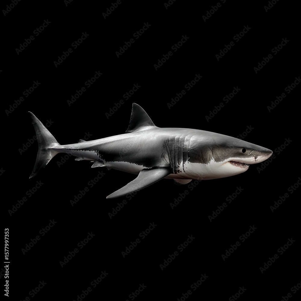 Naklejka premium Powerful Great White Shark profile against dramatic black background showcasing sleek silver-gray body, distinctive dorsal fin and predatory features in marine wildlife photography