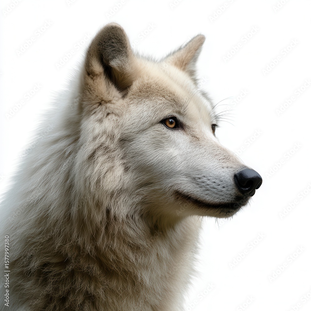 Obraz premium Majestic white wolf portrait with amber eyes against clean white background, showing alert expression and detailed fur texture in wildlife photography free copy space for text