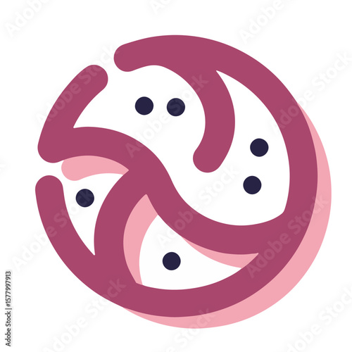 Minimalistic round challah bread icon with sesame seeds, pastel garnet color shadow, simple vector design, culinary art concept, bakery, food industry