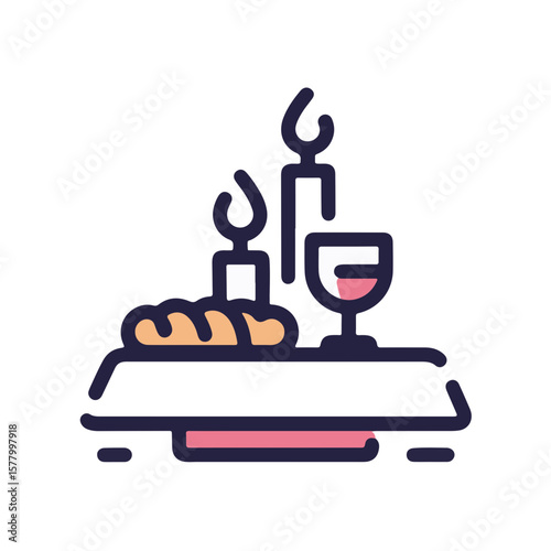 Minimalistic Rosh Hashanah table with candles and challah bread, simple vector design, pastel garnet color on white background, concept of Jewish traditions, holidays, and celebrations.