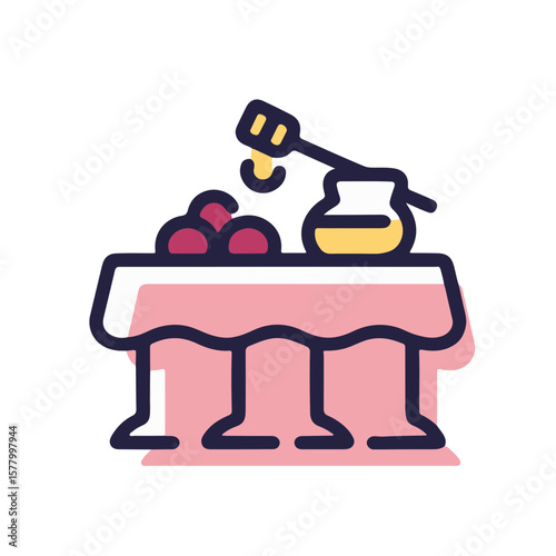 pulsar icon of sweet dates with honey and challah on table, minimalistic vector, black lines, super simple pastel garnet color shadow