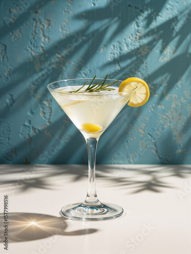 Elegant martini cocktail featuring a lemon slice and rosemary garnish, set against a textured blue background with tropical shadow play and bright light.