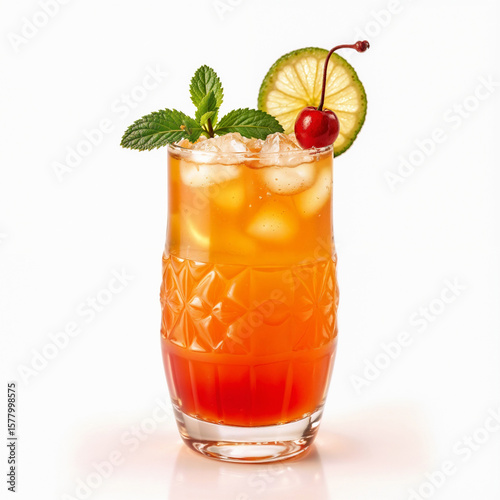A refreshing Tequila Sunrise cocktail served in a clear glass with ice, featuring a vibrant gradient from red grenadine to orange juice. Garnished with maraschino cherries, a lime slice, and fresh min