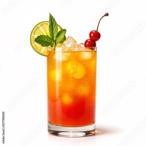 A refreshing Tequila Sunrise cocktail served in a clear glass with ice, featuring a vibrant gradient from red grenadine to orange juice. Garnished with maraschino cherries, a lime slice, and fresh min