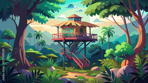 Unique treehouse retreat nestled high in lush jungle rainforest for a serene escape