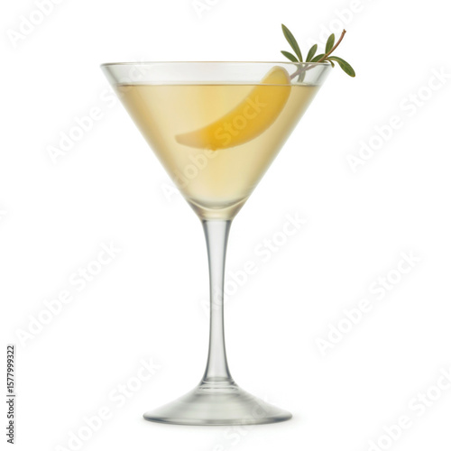 Elegant Cocktail with Lemon Slice and Rosemary Garnish on White Background