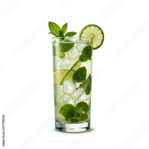 A refreshing glass of mojito with lime slices, mint leaves, and ice cubes, presented in a tall clear glass against a white background.