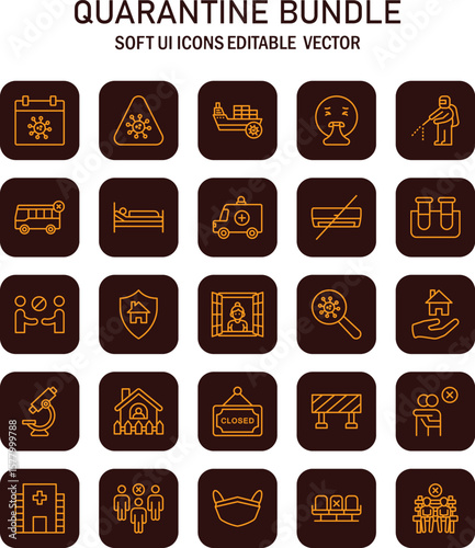 Sophisticated quarantine bundle: editable vector icons portraying soft ui designs for virus awareness with thematic