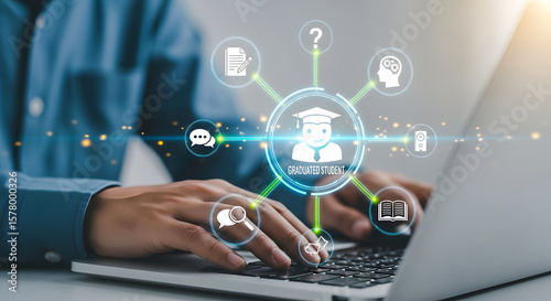Online Education for any Student, Online Admission for graduation, hands typing on a laptop keyboard, overlaid  education, communication, and information icons.
