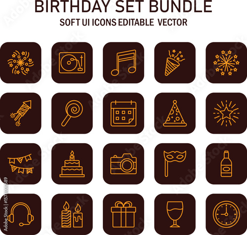 Celebratory birthday themed icons with soft ui design suitable for party event concepts and anniversary celebrations