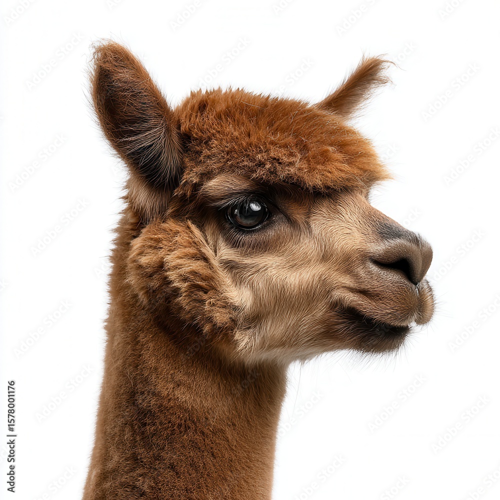 Fototapeta premium Elegant brown alpaca portrait with distinctive facial features and soft fur against clean white background, perfect for wildlife conservation or textile industry