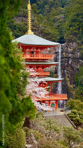 Amazing Red pagoda and waterfall in Japan during cherry blossom season, Kumano Nachi Taisha Shrine and Nachi Falls