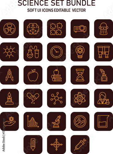 Science icons set bundle featuring experiments, discoveries, research symbols and educational elements for scientific
