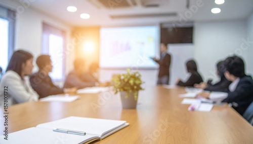 Conference Room with Blurred Attendees Presenting Business Data on Screen