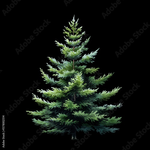 Elegant watercolor evergreen pine tree illustration isolated on black background, perfect for holiday designs, winter season graphics, and forestry themes
