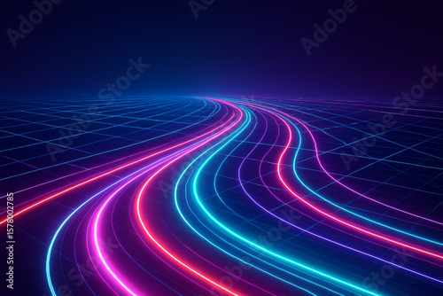 Neon Light Grid Symbolizing Digital Connectivity and 5G Network – Curved Data Beams on Dark Futuristic Background
