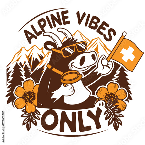 Cartoon cow wearing sunglasses holding a Swiss flag in mountains