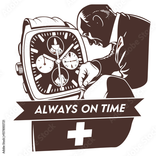 Watchmaker adjusting time on vintage timepiece illustration