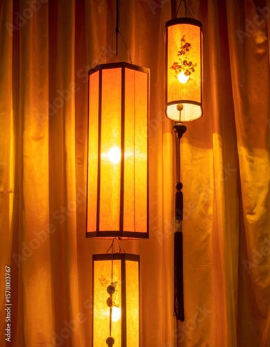 Three Warmly Lit Rectangular Lanterns with Floral Motifs Against Drape Background