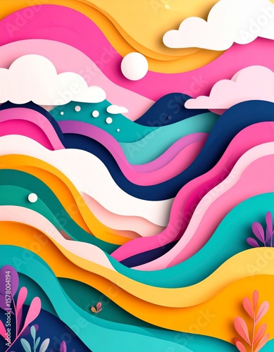 Vibrant Abstract Paper Cut Landscape with Waves Clouds and Geometric Shapes