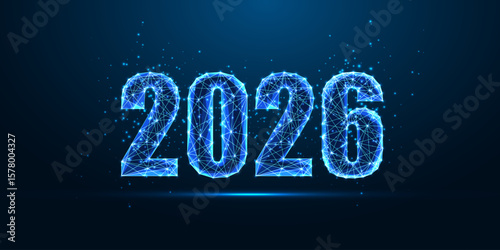 Futuristic glowing 2026 year in digital low poly style, innovation and tech future concept