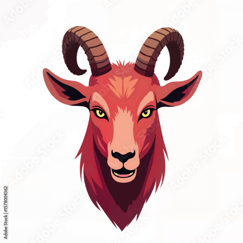 Stylized red goat head illustration with sharp horns and intense eyes  