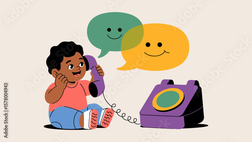 toddler playing with a toy telephone, vector illustration for imaginative play, childhood development and early communication
