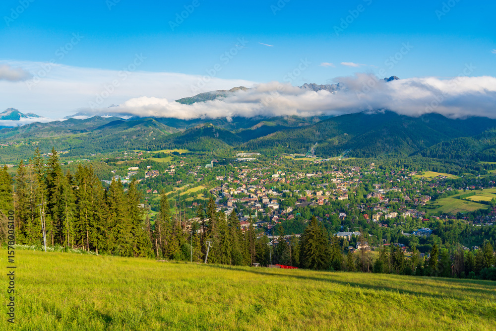 Obraz premium View of Tatra Mountains and the town on top of Gubalowka, a hill in Zakopane, Poland
