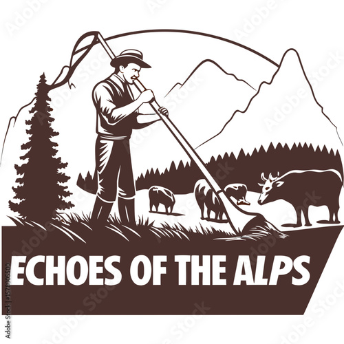 Farmer harvesting hay in Alpine landscape with cows