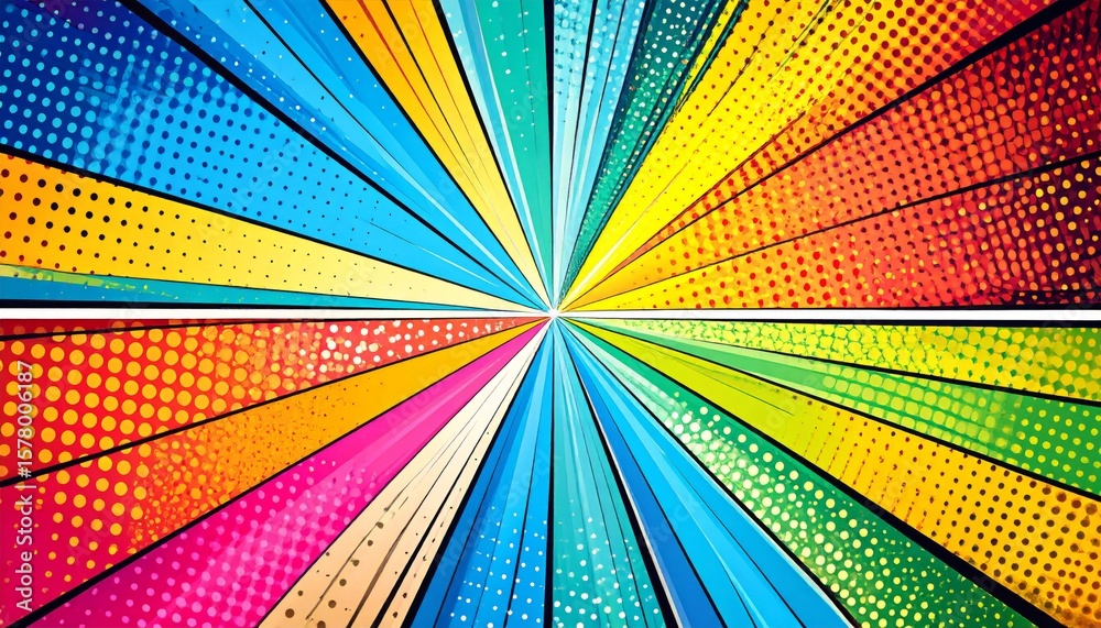 Fototapeta premium Vibrant Burst of Symmetrical Multicolor Rays with Retro Halftone Pattern