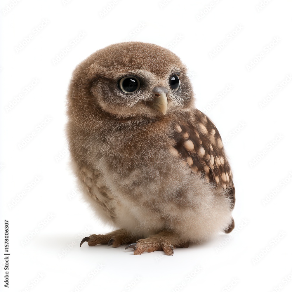 Obraz premium Curious young burrowing owl with large expressive eyes and spotted plumage against clean white background, perfect for wildlife education or conservation awareness with free copy space