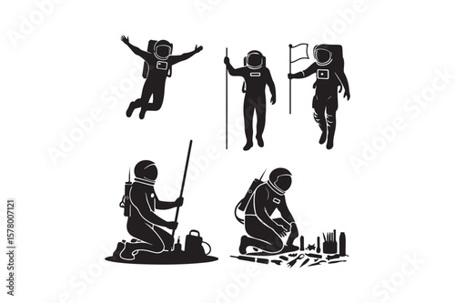Astronauts in various poses on a white background illustrating space exploration activities