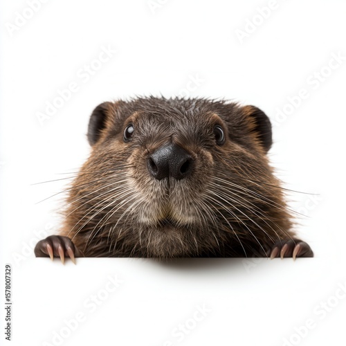 Curious beaver peeking over edge with paws visible against clean white background, perfect for wildlife conservation or environmental protection campaign with free copy space
