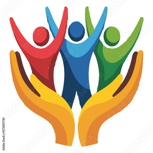 Hands protect and support a team of people, symbolizing care and unity