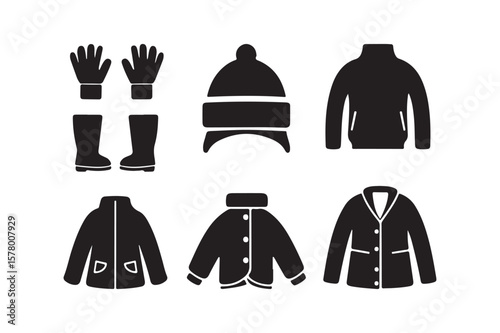 Collection of black winter clothing icons including jackets gloves and boots