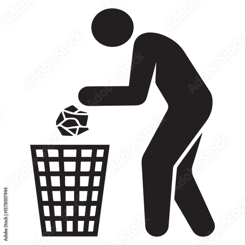 A stick figure throws crumpled paper into a trash bin isolated on white background